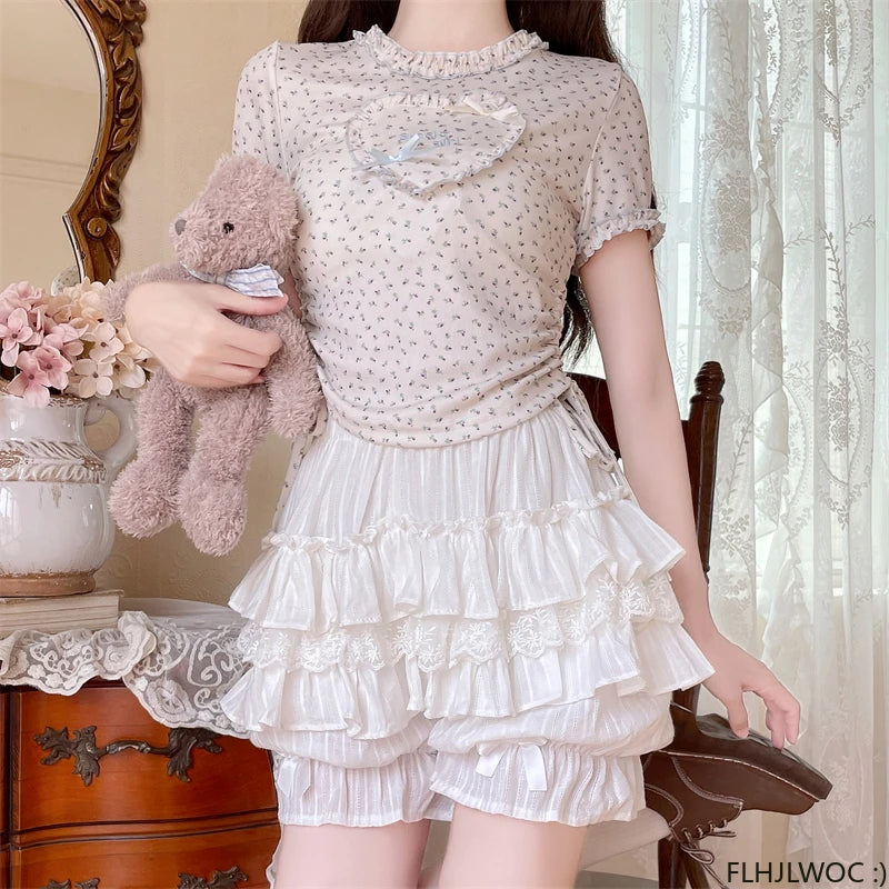 Cotton Bloomers Lolita Style Girls Cute Sweet Japan Sexy Lace Date Princess Pink Layer Puff Shorts Ruffles Lantern Small Pants