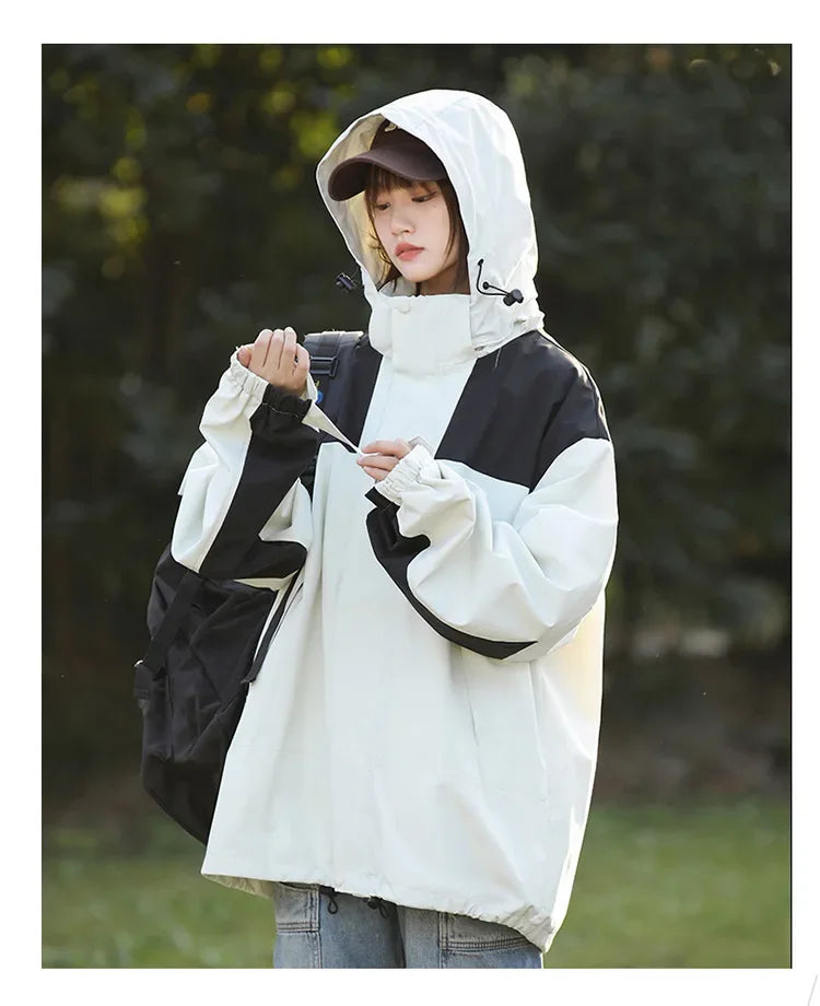 Women Outdoor Waterproof Cycling Jackets Autumn Winter Multi-Pocket Workwear Climbing Clothes Lightweight Loose Windbreaker Coat