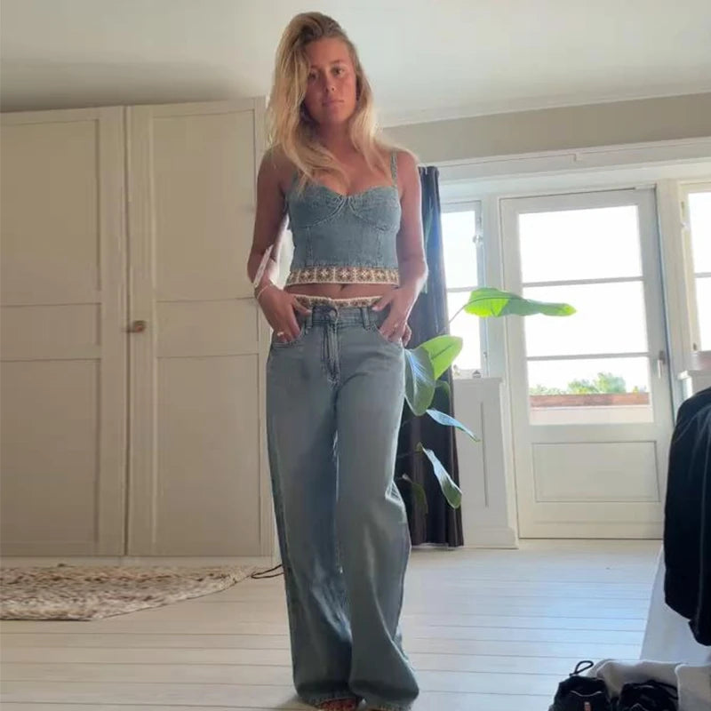 Crochet Splicing Cropped Top Jeans Set 2026 Summer New Ladies Sexy Backless Tank Top Straight Leg Denim Pants Women's Outfits