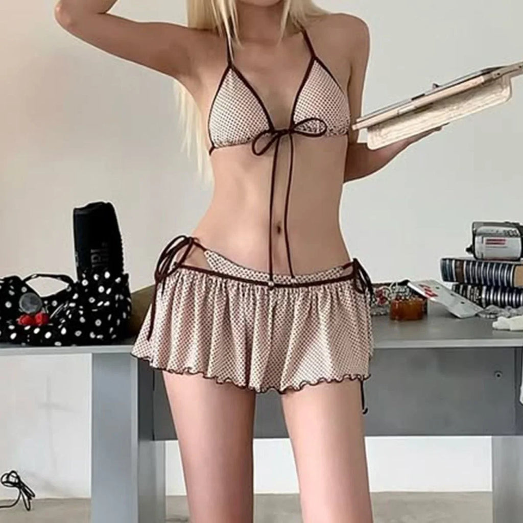American retro sexy vacation style women's bikini three piece set summer Y2K Harajuku polka dot ruffle strap women's swimsuit