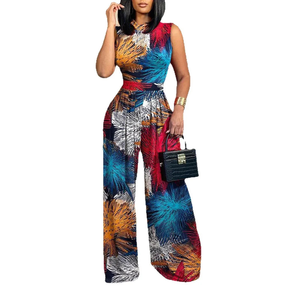 New 2023 Summer Casual Slim Fit  Pants Sleeveless Long Pants Women's High Waist Wide Leg Jumpsuit Comfortable Print