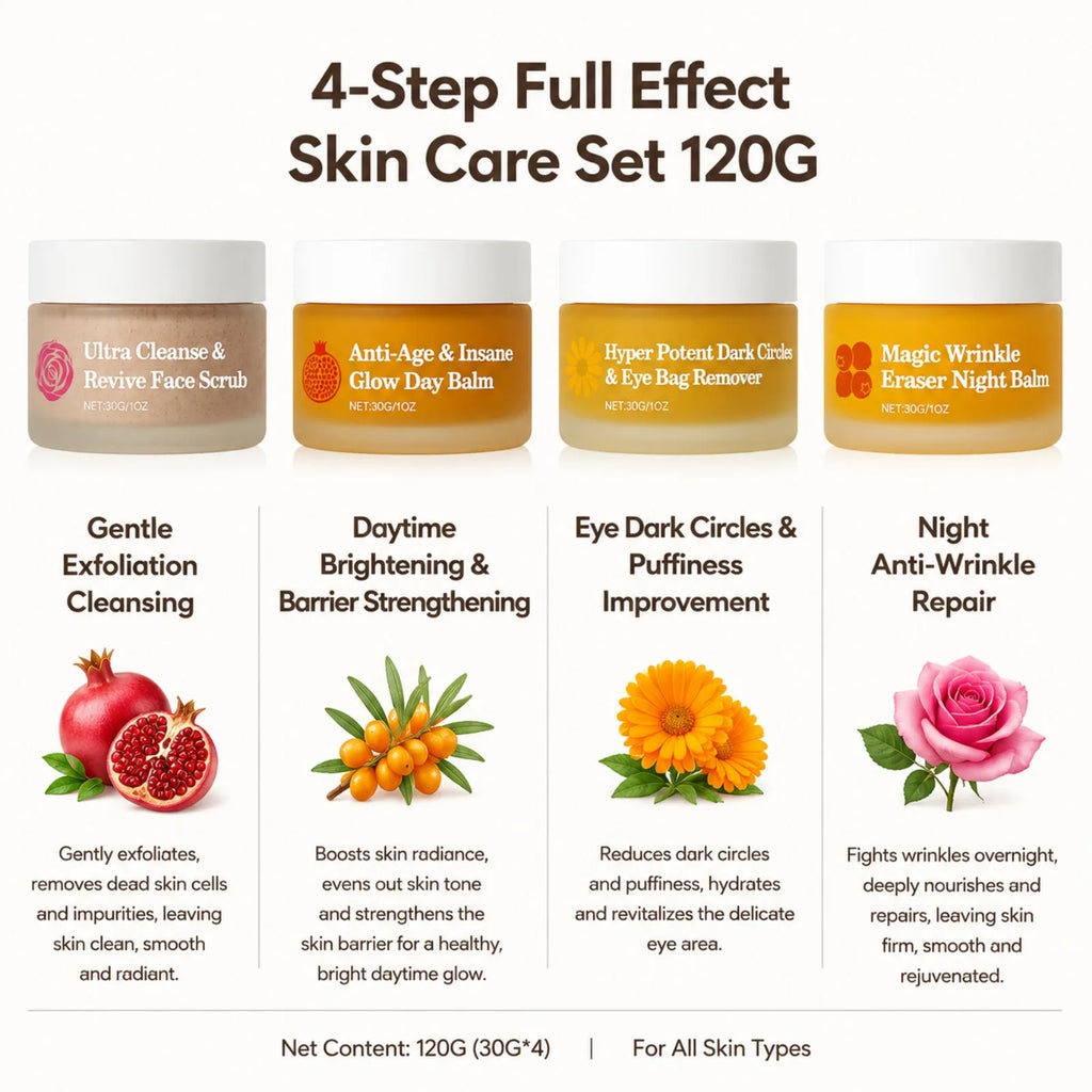 4in1 Day Night Facial Cream Set for Day Balm Night Balm Eye Cream Face Scrub Dull Rough Skin Travel Skincare Kit