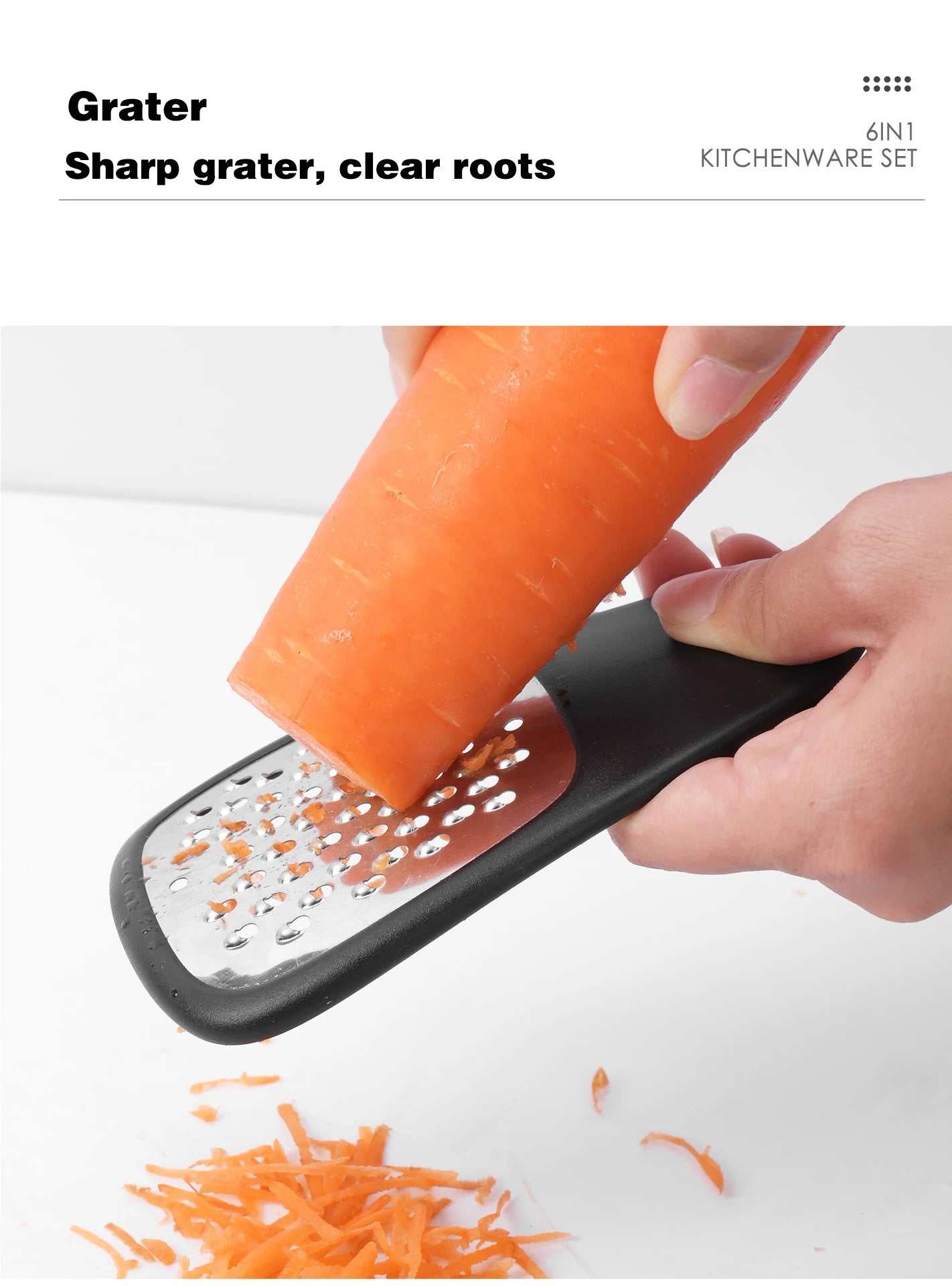 Stackable Kitchen Gadgets 6-Piece Melon Grinder Herb Cutter Garlic Grinder Can Opener Cheese Grater Pizza Cutter