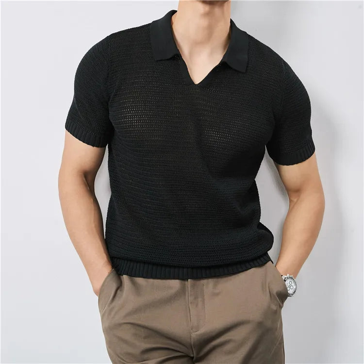 Summer Clothing Men Luxury Knitted Skinny Polo Shirt Men Korean Breathable V Neck Polo Shirts Short Sleeve Knitwear Tops Tees