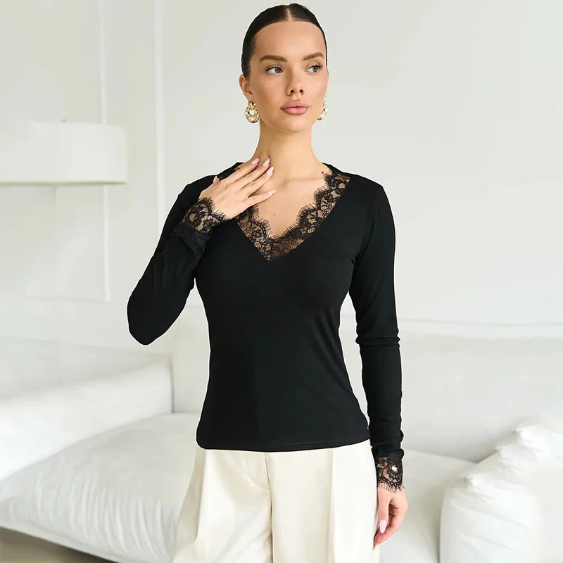 Tornova V neck Lace T shirt Top Women Sexy Navel Exposed Pullover Fashion Splice Hot Girl Club Party Top Autumn New Lady T shirt