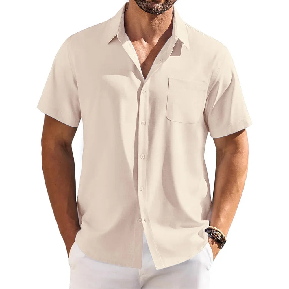 Cotton Linen Breathable Shirt for Men Solid Color Turn Down Collar Male Stylish Summer Short Sleeve Shirts Fashion Clothing