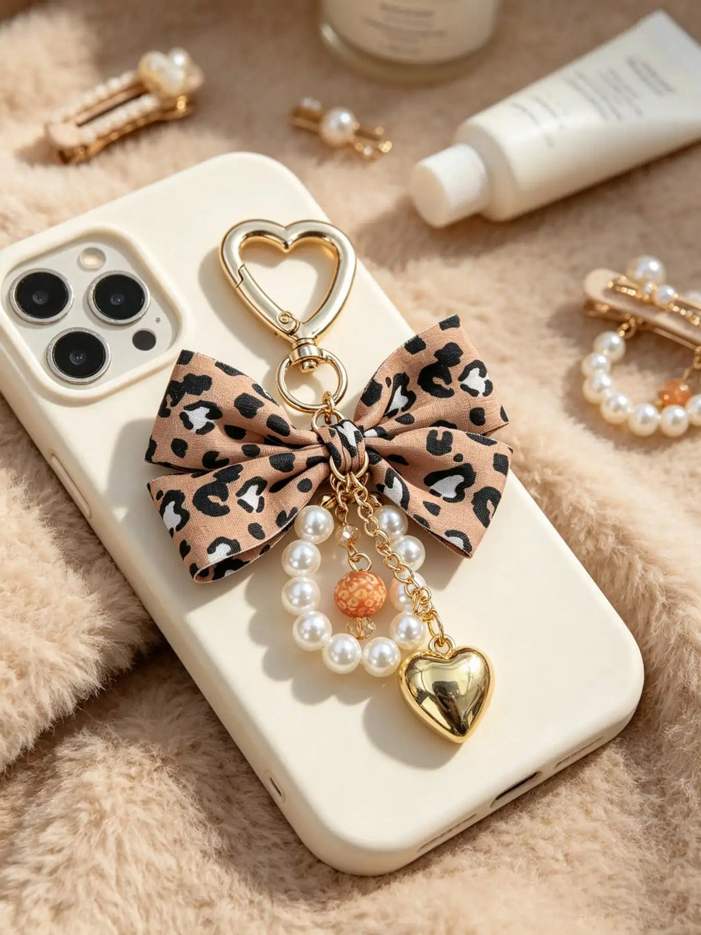 Leopard Print Bow Keychain Heart Pendant Women's Bag Simple Charm Pearl Keychain Beaded Charm Gift For Women