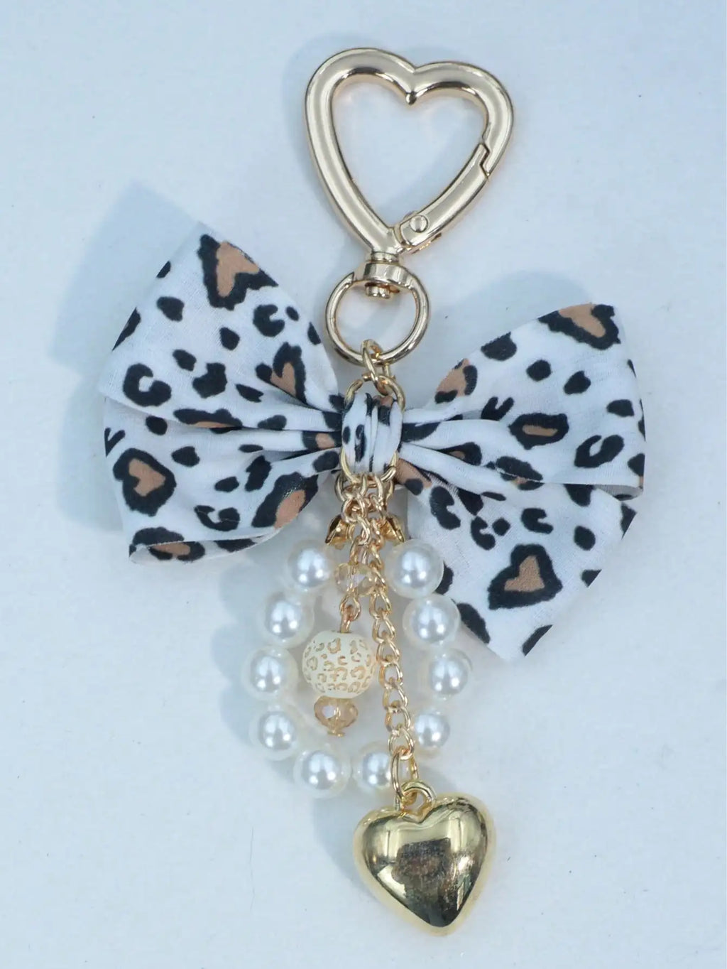 Leopard Print Bow Keychain Heart Pendant Women's Bag Simple Charm Pearl Keychain Beaded Charm Gift For Women