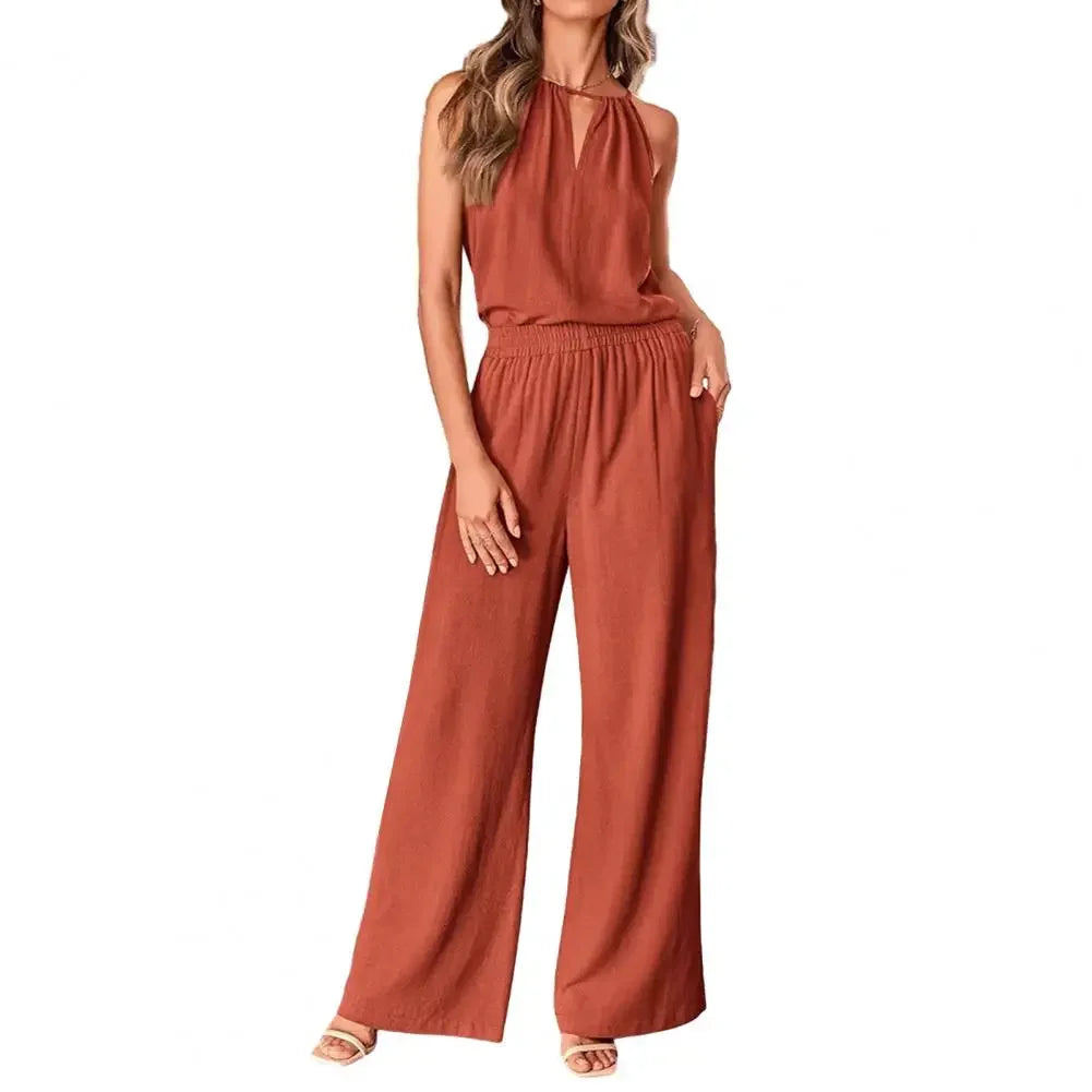 Summer Fashion Retro 2 Piece Set for Women Casual Solid Color Sleeveless Off Shoulder V Neck Top Straight Wide Leg Pants Suits