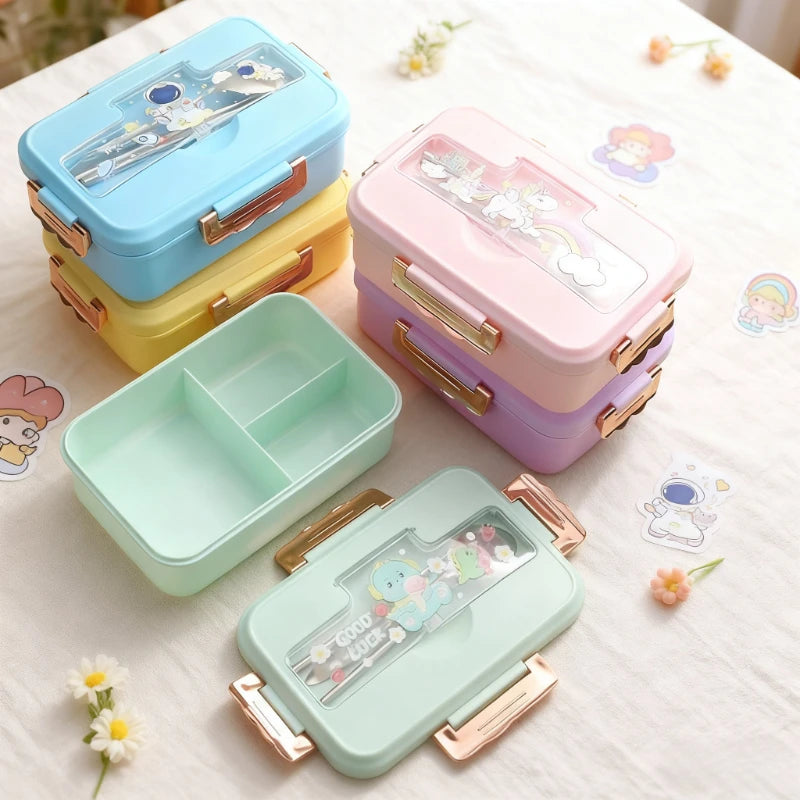 Cartoon Pattern Lunch Box for Students Three Grids Food Grade Plastic Bento Box with Tableware Microwave Heating Office Meal Box