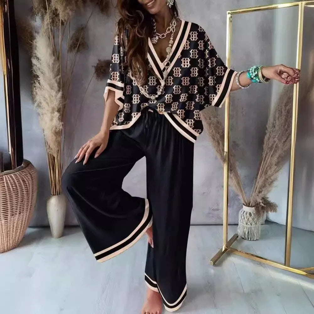 Sexy V Neck Batwing Sleeve Shirt Pants Sets For Women Spring Summer Fashion Print Blouse Trousers Two Piece Sets Femme Outfits
