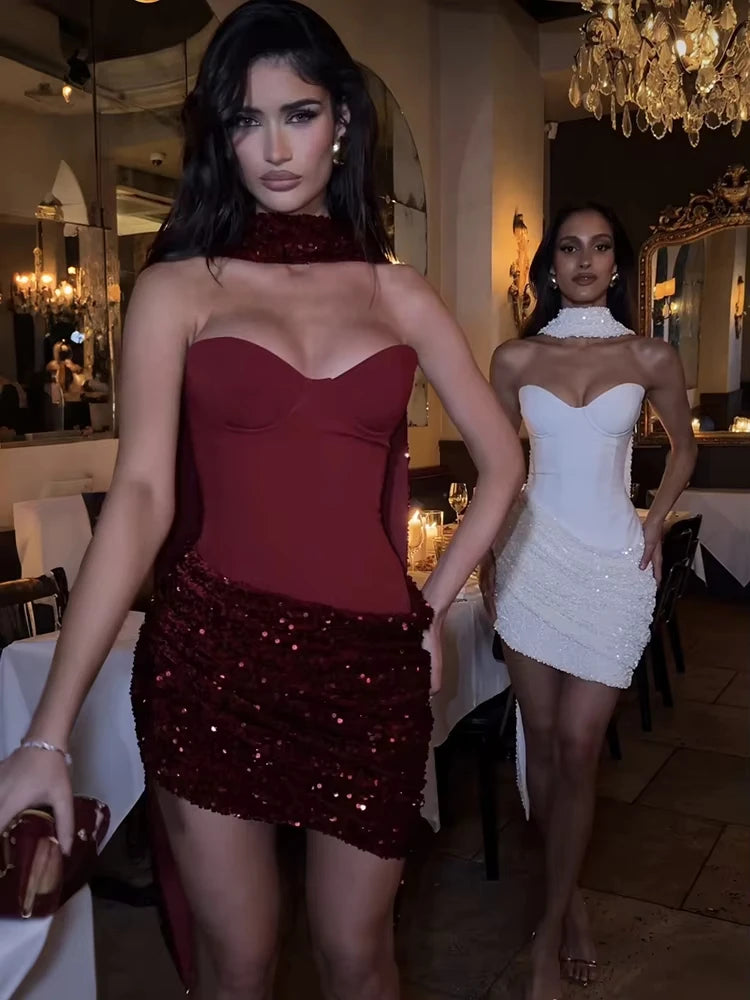 Chic Sequin Patchwork Strapless Mini Dress Women Scarf Collar Off-shoulder Waist Cinching Pleated Robe Lady Evening Party Gowns