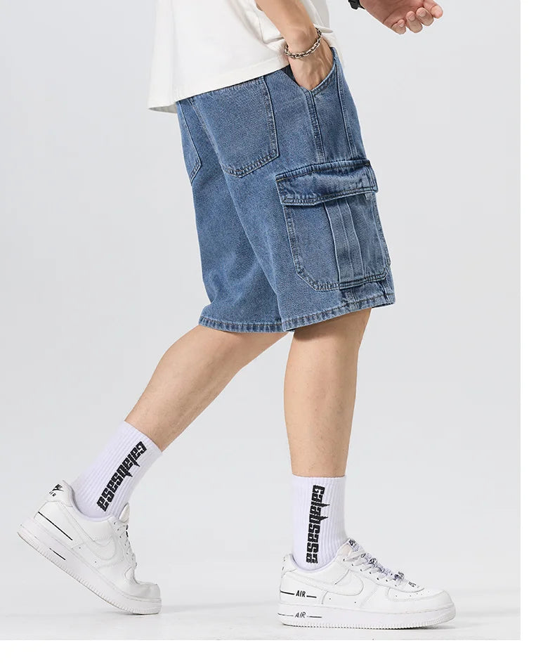Men's Fashion Cargo Denim Shorts Summer Streetwear Multi-Pocket Casual Knee Length Stretch Five-Point Jeans Shorts Male Trendy