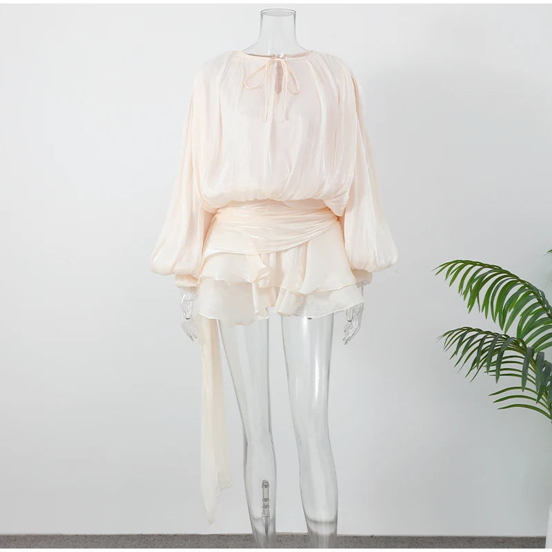 Elegant Shiny Pleated Mini Dress Women Lantern Sleeve Lace Up V Neck Vestidos 2026 Lady Spring New Evening Party Vacation Robes