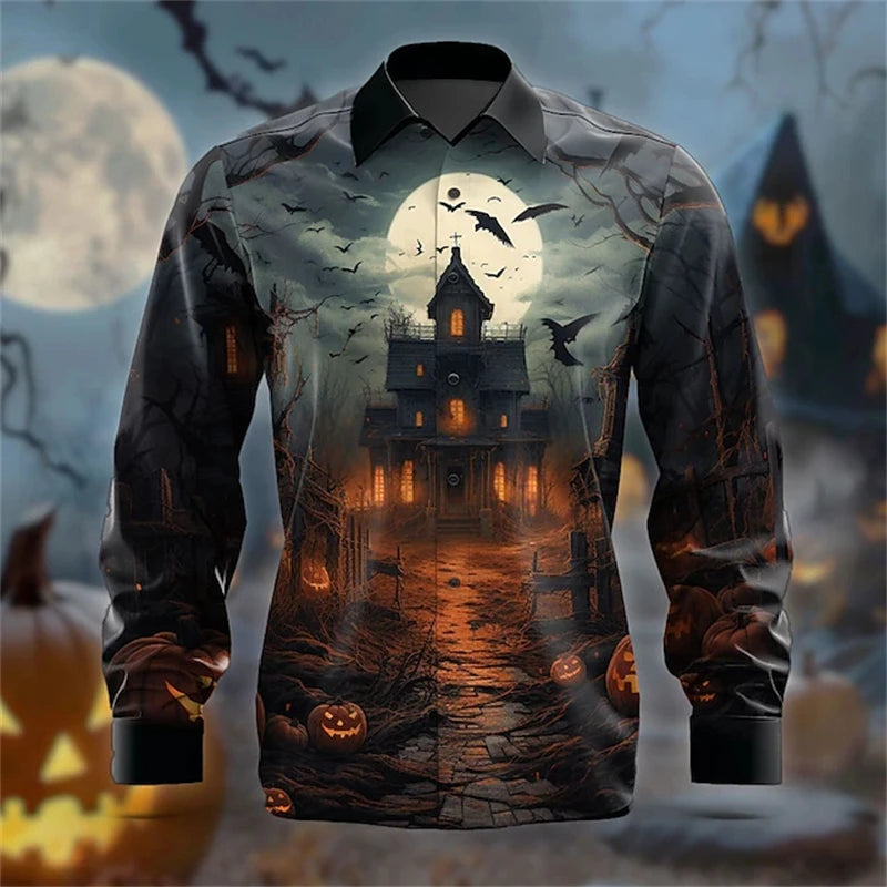 2026 Halloween Fun New Fall and Winter Yellow Shirt Halloween Party Fashion Men's Long Sleeve Tops Temperament Button Down Shirt