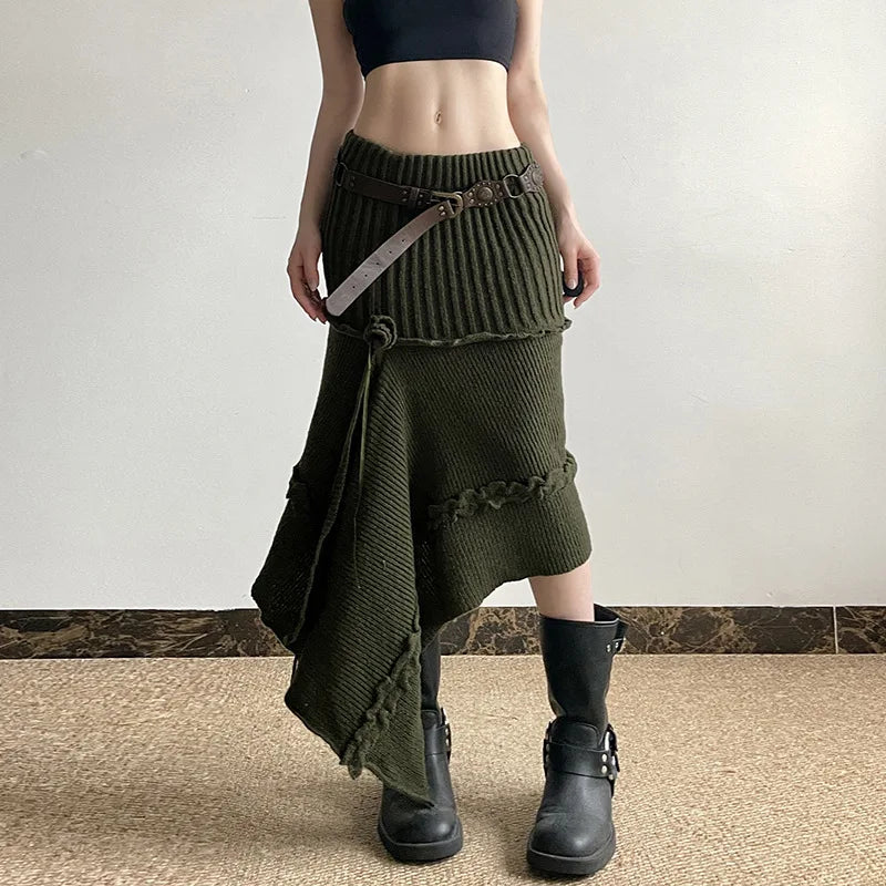 Three-color Floral Irregular Knitted Skirt for Women New Solid Color Wood Earrings Knitted Long Skirt Spring and Autumn