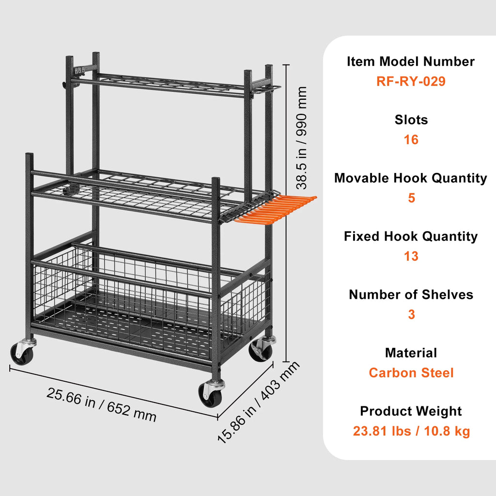 SucceBuy 16 Slots Garden Tool Organizer Yard Tool Tower Rack with Hooks Wheels Long-Handled Rake Stand Holder for Garage Storage