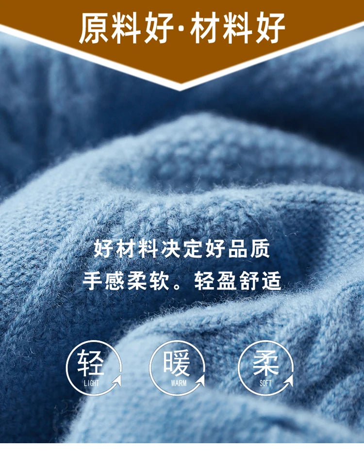 2025 Winter Turtleneck 100% Merino Wool Knitted Sweater Men's Lapel Jacquard Thicken Pullovers Fashion Loose High-End Base Shirt