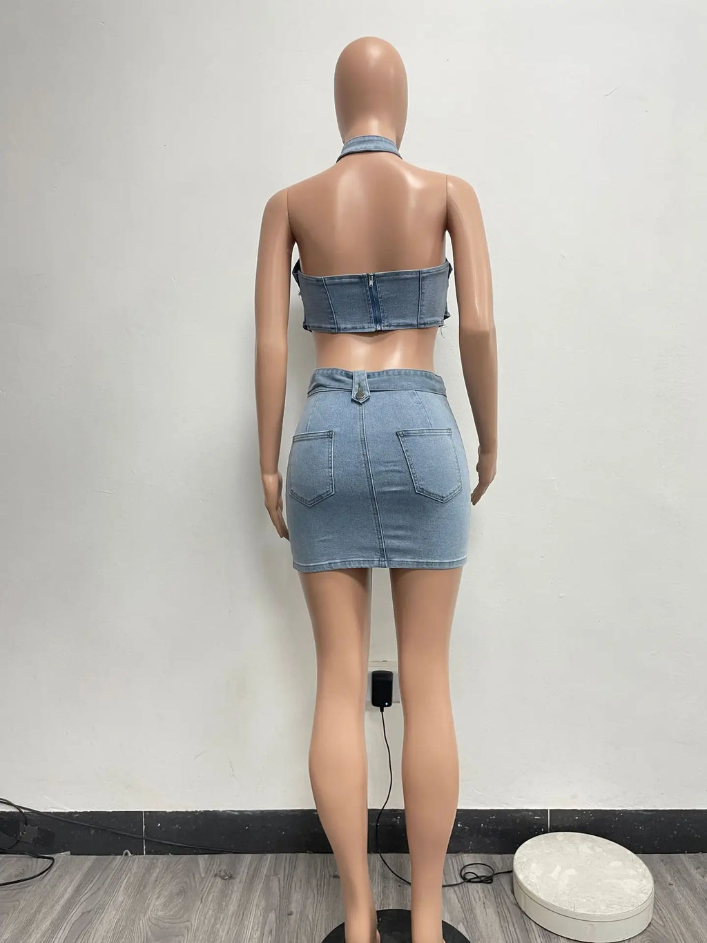 Streetwear Jeans Mini Skirt Outfit Sexy Women Elegant Two Pieces Denim Club Matching Set Top+Mini Skirt