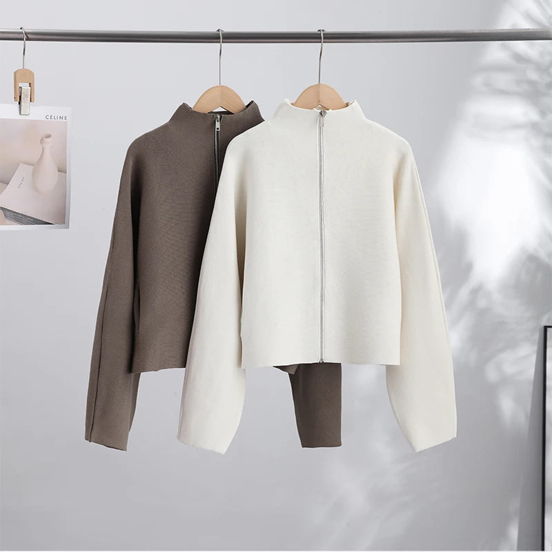 Elegant Knitted Zipper Women's Sweater Solid Full Sleeve Stand Collar Loose Open Stitch Female 2026 Fashion Autumn Outwear Lady