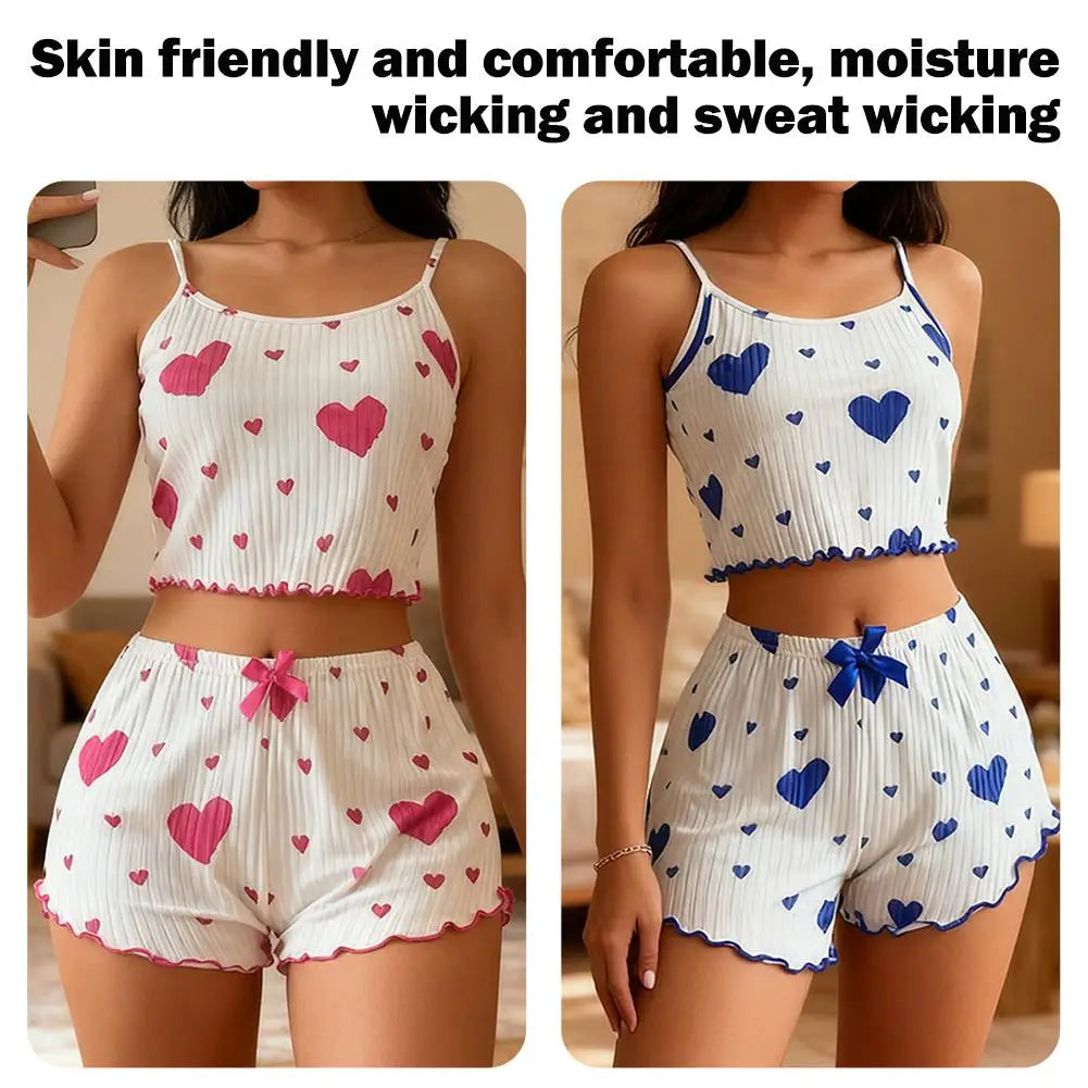 Women 2pcs Pajama Set Spaghetti Strap Ruffle Trim Round Neck Sleeveless Cami & Shorts Spring Summer Fall Coquette Bow Print ﻿