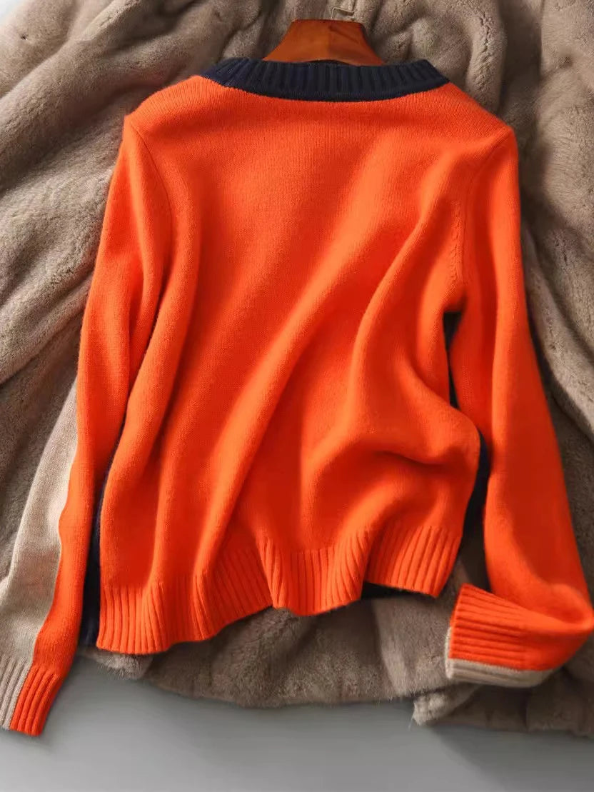 2024 Spring and Autumn New Long Sleeve Color Contrasting Bottom Shirt Women's Casual Versatile Short Knitted Sweater Women's Swe