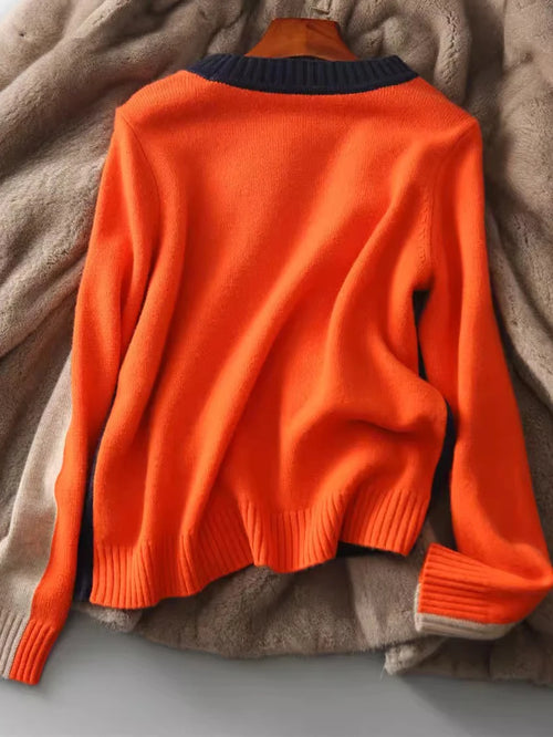 2024 Spring and Autumn New Long Sleeve Color Contrasting Bottom Shirt Women's Casual Versatile Short Knitted Sweater Women's Swe