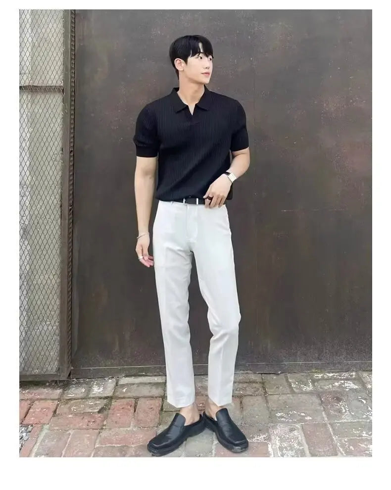 Trendy Polo Shirt for Men Summer Solid Color Top Versatile Knit Style Korean Short Sleeves Casual Fashion T-shirt