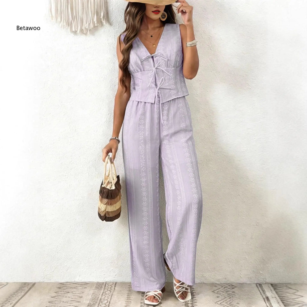 Women Multi Color Eyelet Lace 2 Piece Outfit Sleeveless V Neck Tie Front Crop Top Wide Leg Pants Summer Casual Set