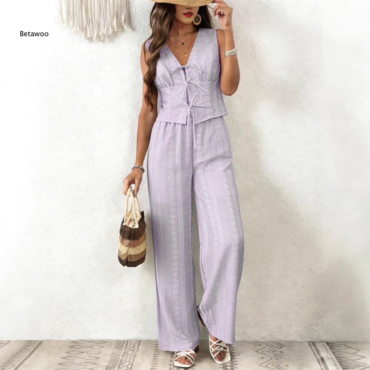 Women Multi Color Eyelet Lace 2 Piece Outfit Sleeveless V Neck Tie Front Crop Top Wide Leg Pants Summer Casual Set