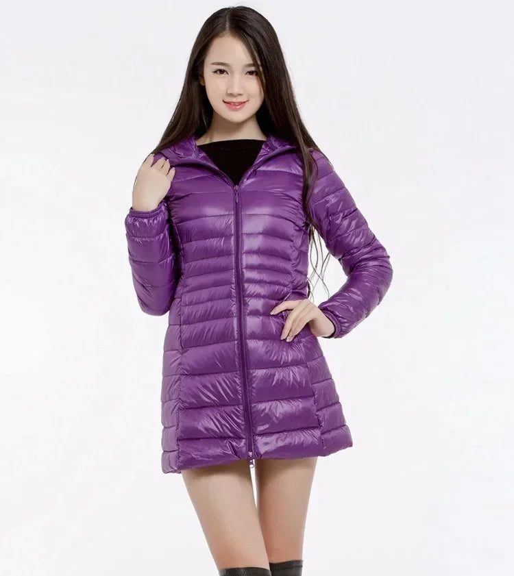 Plus Size White Duck Down Jacket Light-weight Down Jacket Women Inner Cloth Coat Ladies Long Winter Hat Hooded Femal