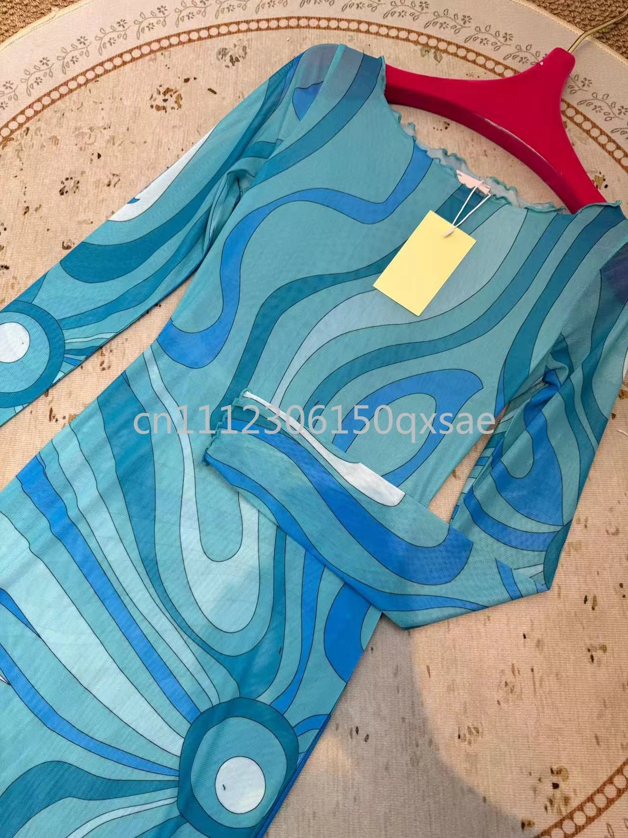 Fashion Design Women's Blue Mesh Dresses with Designer Signature Letter Logo Skirts Luxury Brand Women's Sexy Mesh Beachwear