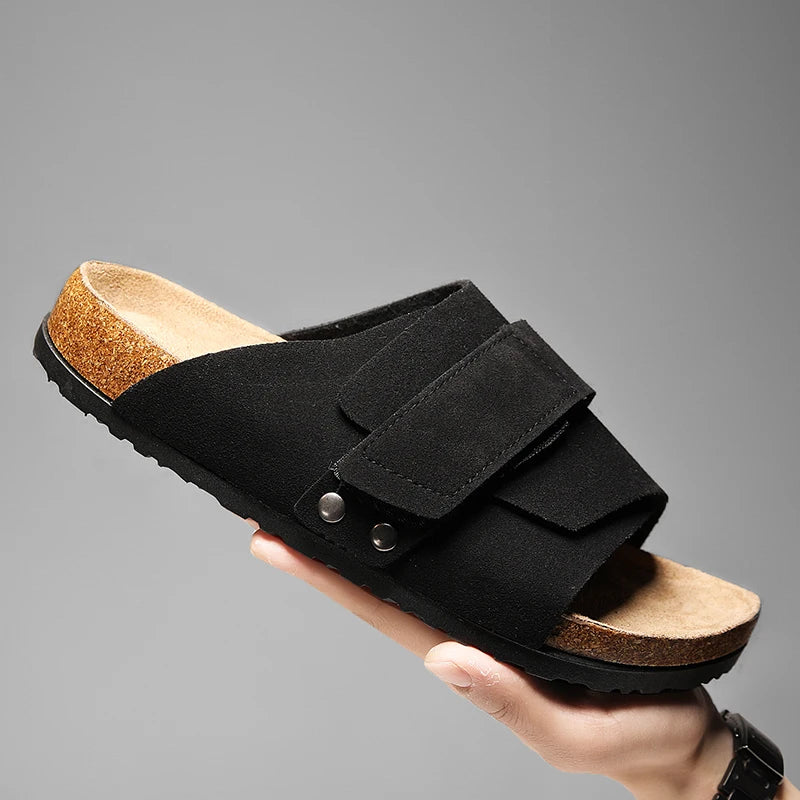 Men's Cork Slippers Suede Leather Clogs with Open Upper Comfort Footbed Adjustable Sandals Slides Indoor Home Shoes Women Couple