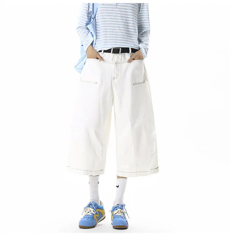 White denim pants men capri pants fashion trendy summer denim fabric visible stitching design, streetwear outdoor sports pants