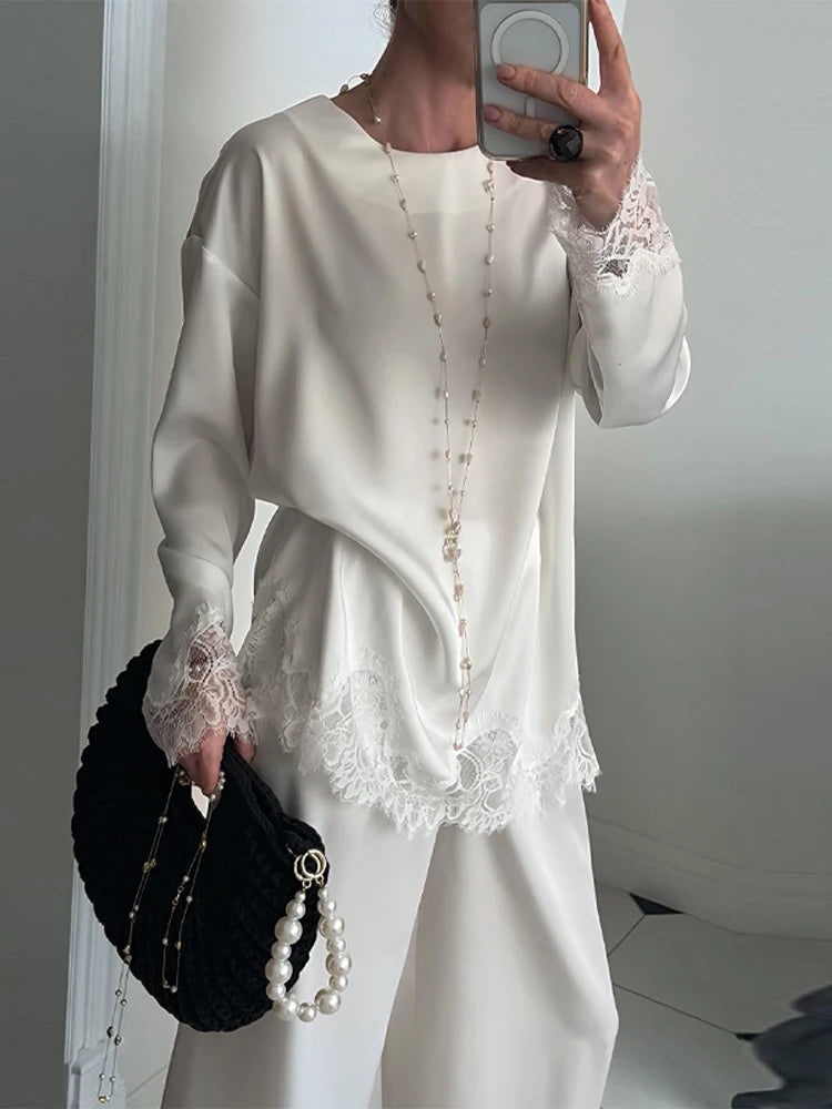 Elegant Lace Loose Dress Women Solid O-neck Full Sleeve Patchwork Dresses Female 2026 Summer White Robe Lady