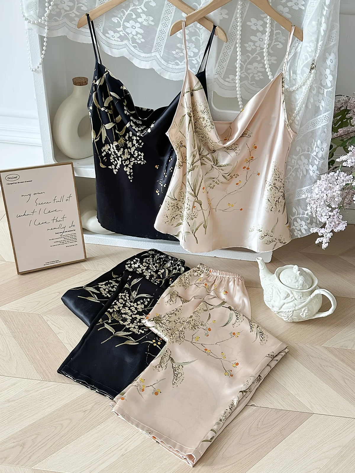 Autumn Women Satin Pajama Set Cherry Floral Print Cami Top and Shorts Sleepwear Versatile Outfit Elegant Comfortable  Loungewear