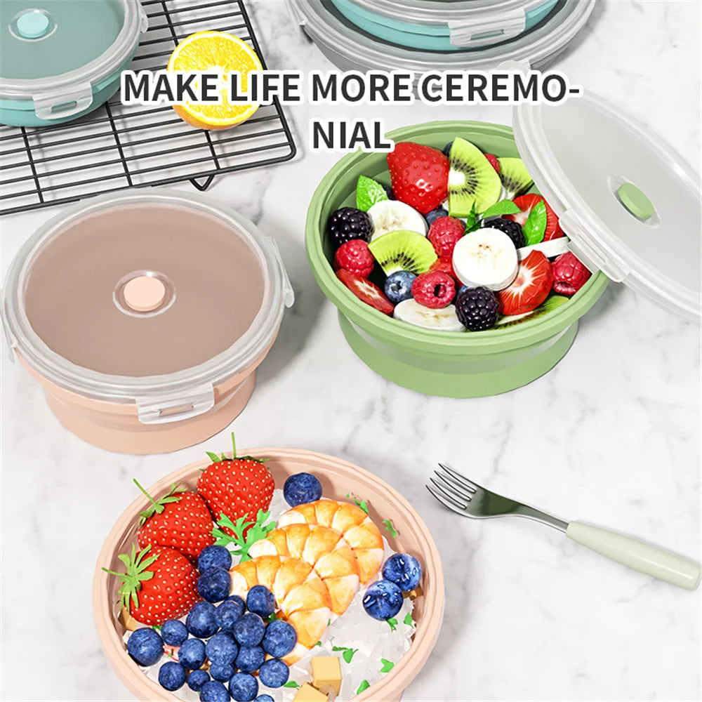1PCS Food grade round portable foldable silicone lunch box refrigerator microwave oven lunch box storage box outdoor lunch box
