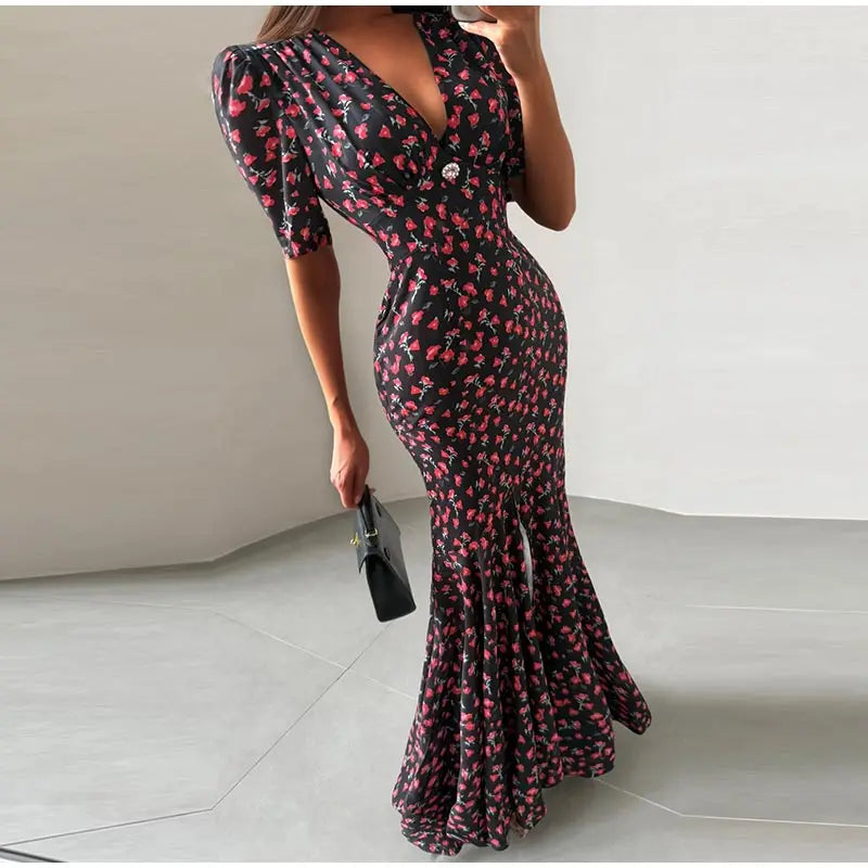 Slim Printed Waist-cinching Fishtail Dress 2026 Summer New Ladies Sexy V-neck Short Sleeve Split Long Robes Women's Party Gowns
