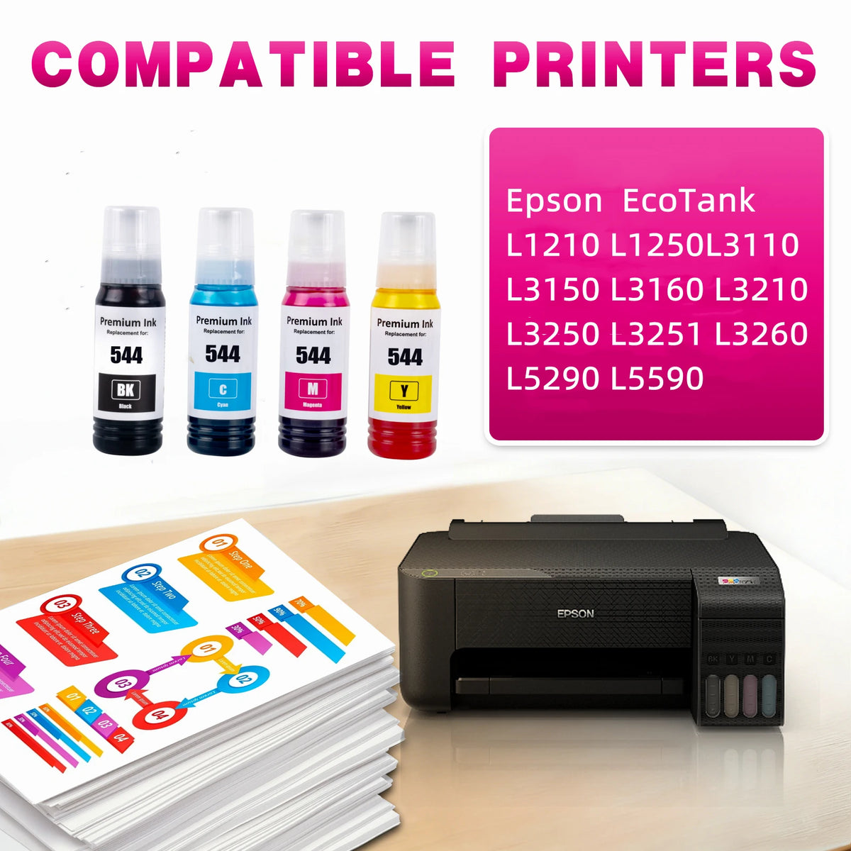 For Epson T544 544 Dye Ink 70ml Bottle Refill Ink for Epson EcoTank L3150 L3110 L3100 L3210 L3250 L1110 Inkjet Printer