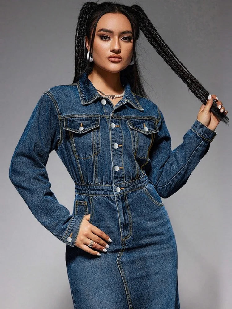Wmstar Denim Dresses Women Long Sleeve Casual Button Pockets Maxi Dress Fall Clothes Fahion Streetwear Wholesale Dropshipping