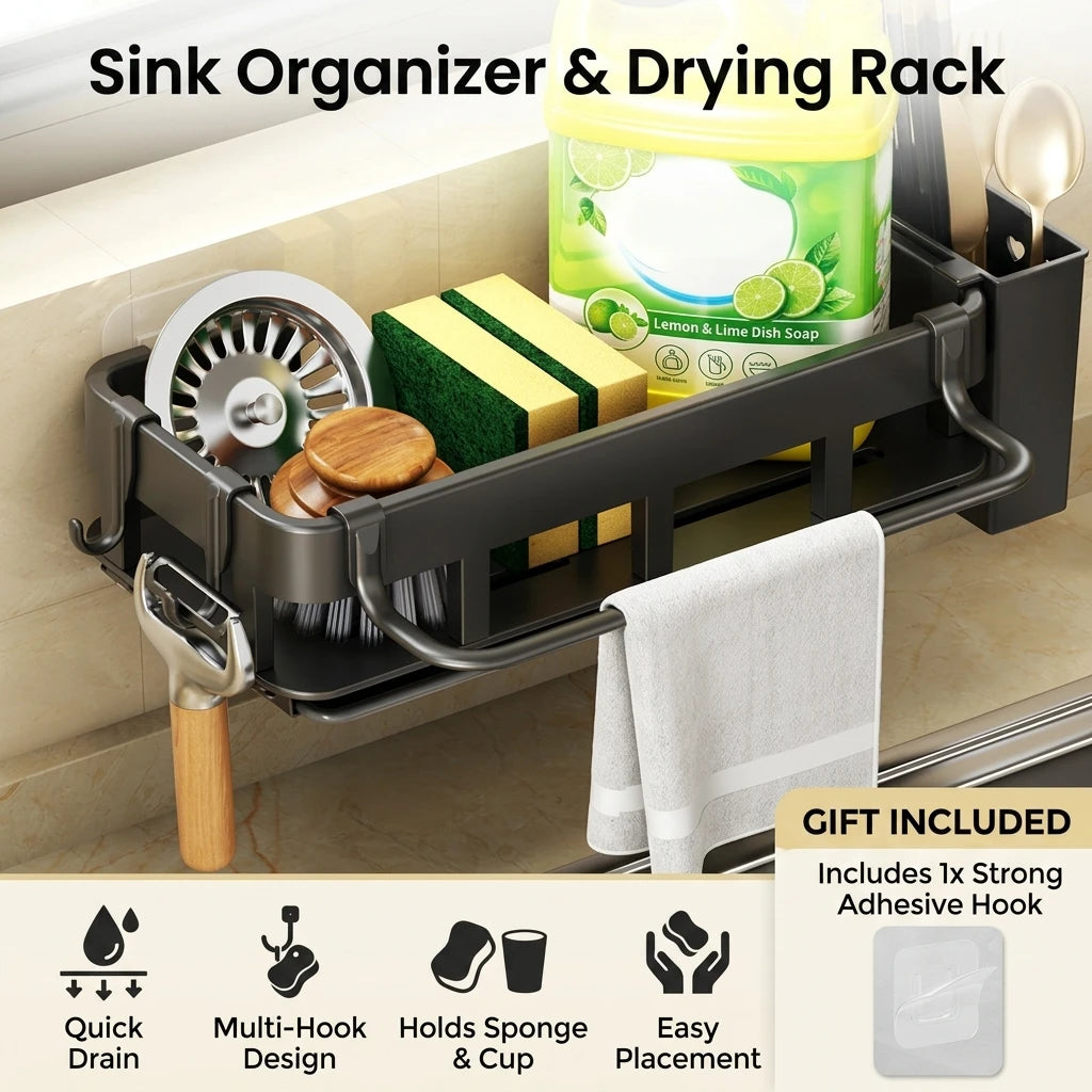 Kitchen Sink Organizer Rack Stainless Steel Drainage Storage Shelf For Cleaning Tools