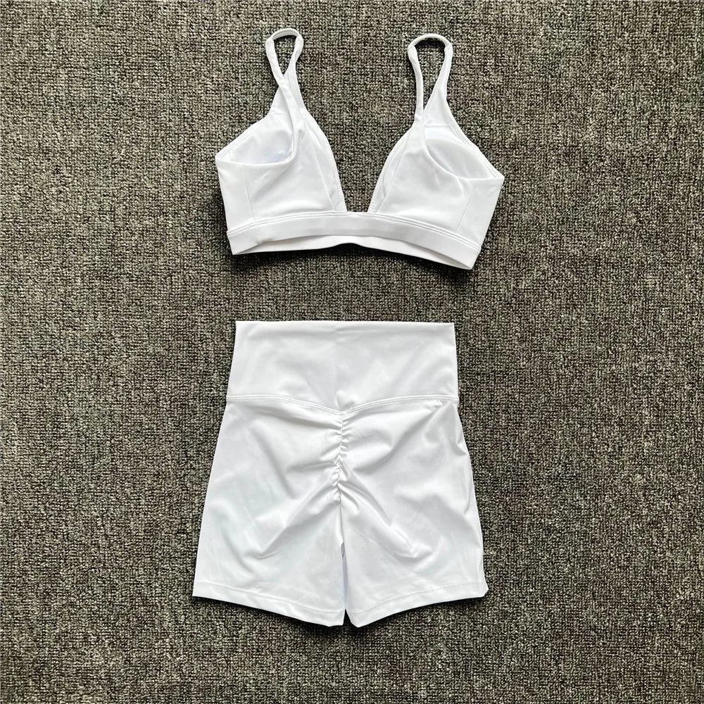 2PCS Nude Deep VNeck Sport Bra Women Yoga Sets Workout Gym Scrunch High Waist Fitness Push Up Shorts Running Avtive Suit XP187