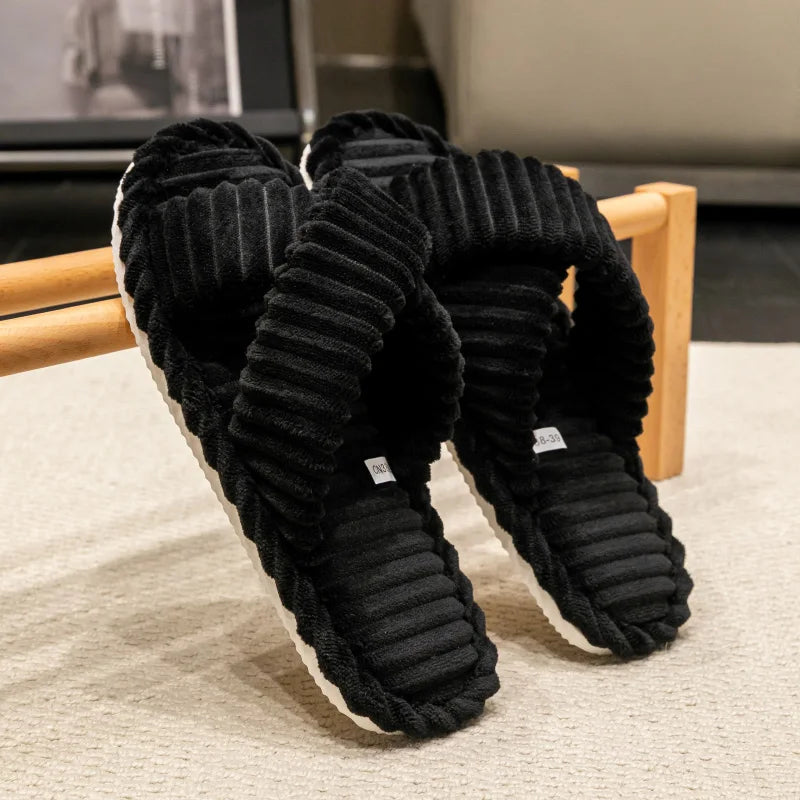 Fashion Corduroy Cross Band Open Toe Home Slippers Women Autumn Winter Warm Plush Slides Ladies Bedroom Soft Sole Slippers