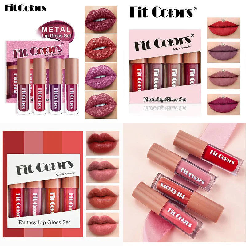 Fit Colors Velvet Lip Gloss Set — 4-Piece Non-Transfer, Diamond Finish, Long-Lasting Lip Gloss Collection