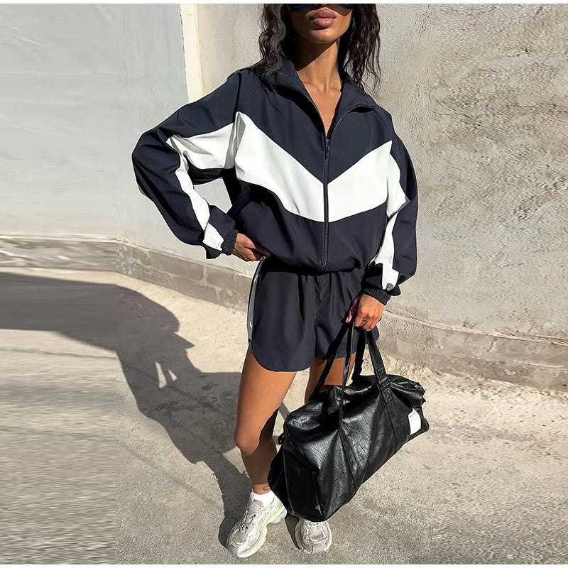 Fashion Color Block 2 Piece Tracksuit Women's Stand Collar Zip Lightweight Jacket Loose Mini Shorts 2026 New Lady Casual Outfit