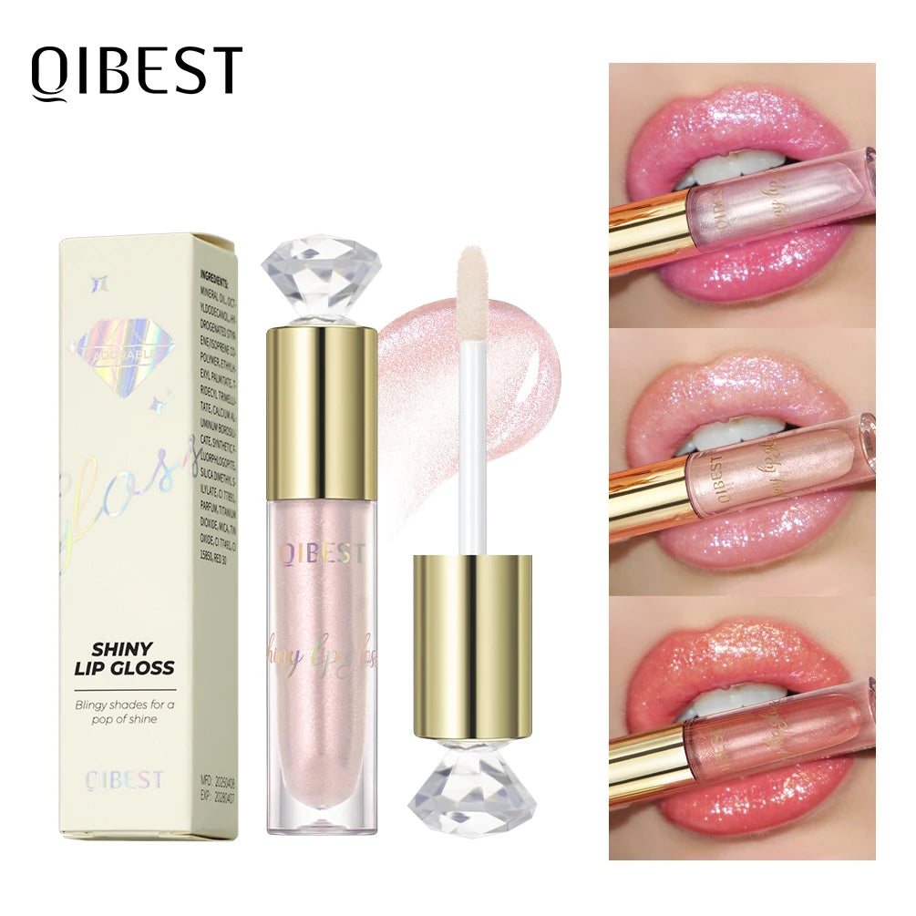 QIBEST Diamond Glitter Lipgloss Hydrating Lasting Pearlescent Metallic Liquid Lipstick Moisturizing Shiny Lip Glaze Cosmetics
