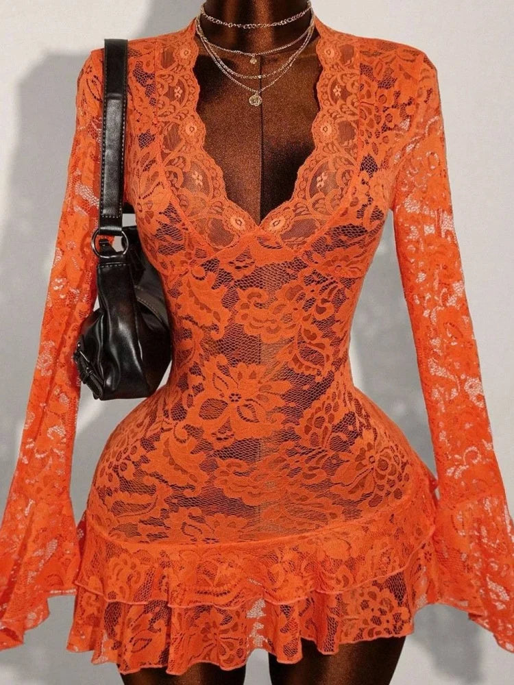 Wmstar Dresses for Women Wholesale Ruffled Lace V Neck Belted Short Dress See Through Design Suitable Beach Vacation 2026