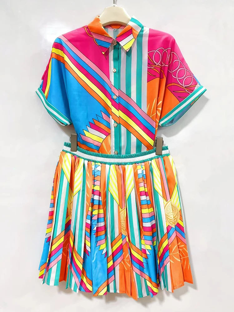 Designer retro geometric print lapel short-sleeved shirt two-piece 2026 summer women's dress+loose pleated skirt fashion suit