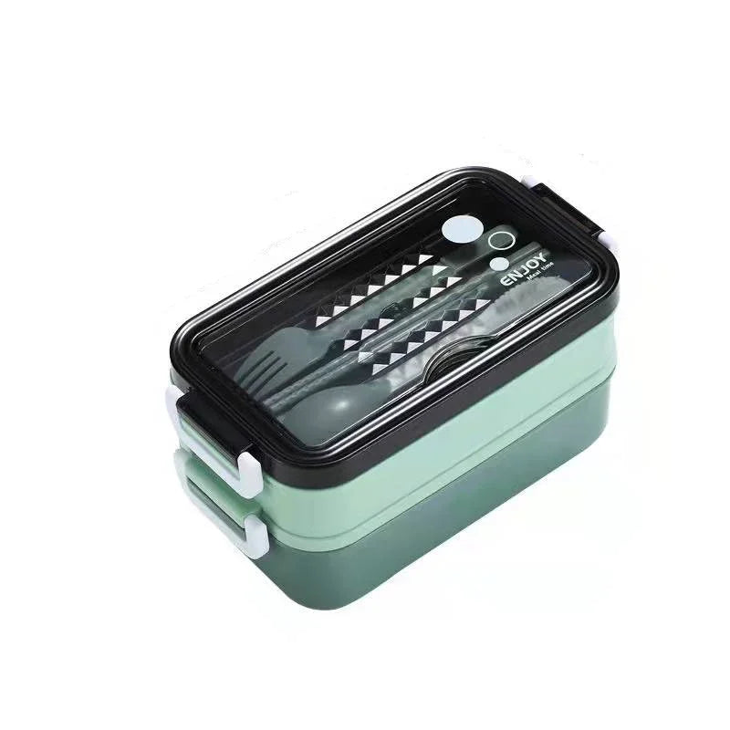 1Pc 1400ml Double-Layer Lunch Box, Portable Compartment Food Container, Microwave Safe with Fork, Chopsticks & Spoon for Picnic