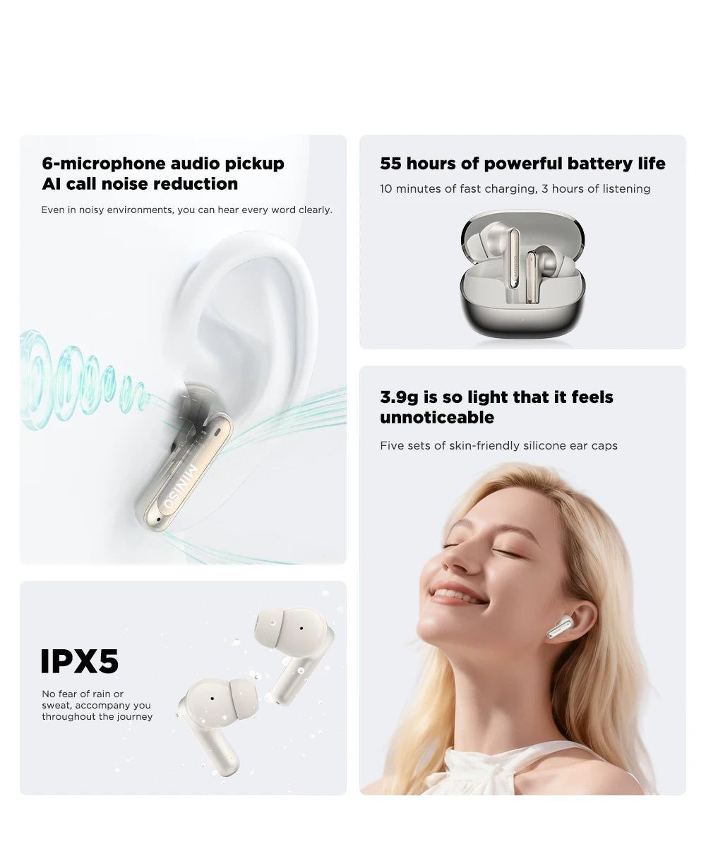 MINISO MS106 Bluetooth V6.0 Earphones TWS In-Ear Wireless Headphones AI Translator Earbuds Comfortable Ultra-light Earbuds